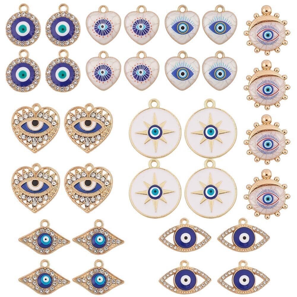 3077 1 Box 32Pcs 8 Styles Evil Eye Heart Charms Rhinestone Enamel Charms